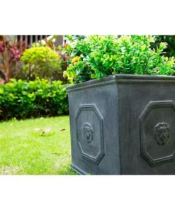 KANTE 12.6 in. W Square Antique Gray Lightweight Concrete/Fiberglass Indoor Outdoor English Lion Head Planter -Outdoor Plant Life antique gray kante plant pots osf0172b c80451 1f 1000