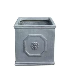 KANTE 12.6 in. W Square Antique Gray Lightweight Concrete/Fiberglass Indoor Outdoor English Lion Head Planter -Outdoor Plant Life antique gray kante plant pots osf0172b c80451 44 1000