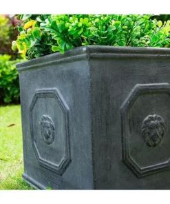 KANTE 12.6 in. W Square Antique Gray Lightweight Concrete/Fiberglass Indoor Outdoor English Lion Head Planter -Outdoor Plant Life antique gray kante plant pots osf0172b c80451 4f 1000