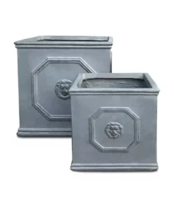 KANTE 12.5" and 10.2"H Square Antique Gray Lightweight Classic English Style Lion Head Planter (Set of 2) Outdoor/Indoor