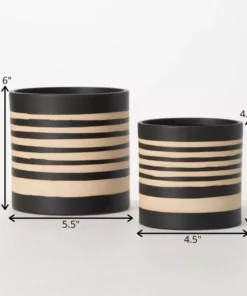 SULLIVANS Black and Brown Striped Ceramic Planter (Set of 2) -Outdoor Plant Life black and brown striped sullivans plant pots pr2715 1f 1000