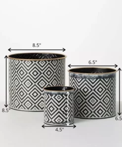 SULLIVANS Black and White Gemoetric Pattern Metal Planter (Set of 3) -Outdoor Plant Life black and white patterned sullivans plant pots met1828 fa 1000