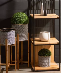 SULLIVANS Black and White Gemoetric Pattern Metal Planter on Stand (Set of 2) -Outdoor Plant Life black and white patterned sullivans plant pots met1830 1f 1000