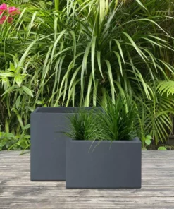 KANTE 23.6" and 19.4"L Rectangular Charcoal Finish Lightweight Concrete Long Planter w/ Drainage Hole Set of 2 Outdoor/Indoor -Outdoor Plant Life charcoal kante plant pots rf0146sa c60121 fa 1000