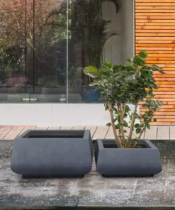 KANTE 21.2 in. and 16.1 in. W Square Charcoal Finish Lightweight Concrete/Fiberglass Planters with Drainage Holes (Set of 2) -Outdoor Plant Life charcoal kante plant pots rf2015018ab c60121 76 1000