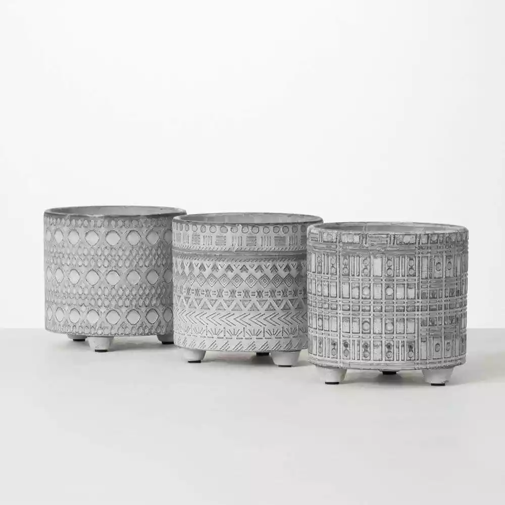 SULLIVANS Gray Geometric Print Cement Pot - Set of 3 3 SULLIVANS Gray Geometric Print Cement Pot - Set of 3