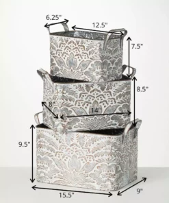 SULLIVANS 9.5 in., 8.5 in. and 7.5 in. Gray Metal Flourish Planter with Handles - (Set of 3) -Outdoor Plant Life gray sullivans plant pots met1823 1f 1000