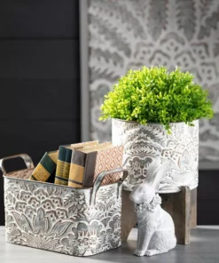 SULLIVANS 9.5 in., 8.5 in. and 7.5 in. Gray Metal Flourish Planter with Handles - (Set of 3) -Outdoor Plant Life gray sullivans plant pots met1823 4f 1000