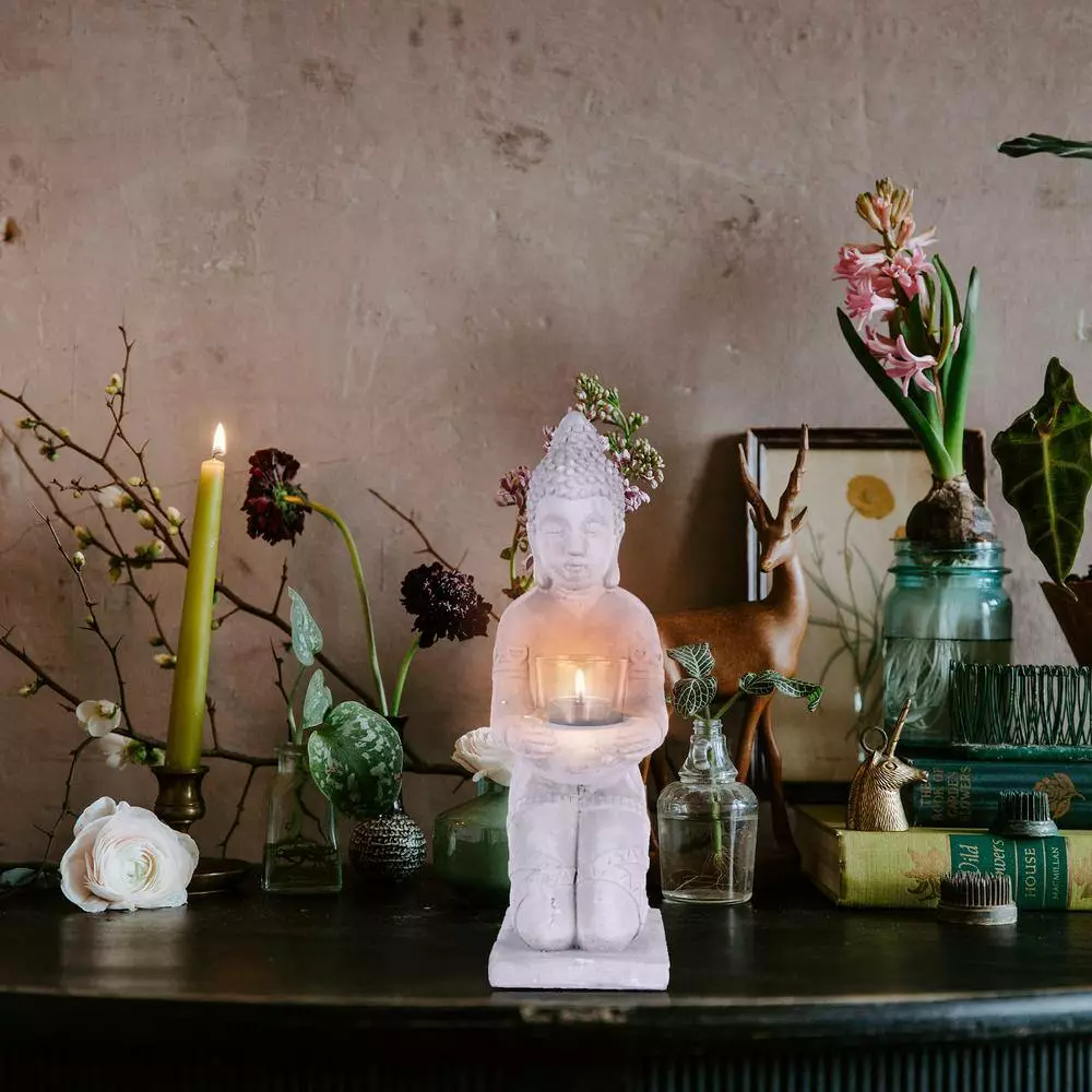 KANTE 12.8 in. H Gray Cement Buddha Tealight Candle Holder Garden Statue Ornament 5 KANTE 12.8 in. H Gray Cement Buddha Tealight Candle Holder Garden Statue Ornament - Image 3