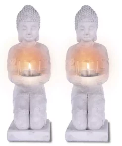 KANTE 12.8 in. H Gray Cement Buddha Garden Statue Tealight Candle Holder Ornament (2-Pack) -Outdoor Plant Life kante garden statues sx20200176 4f 1000