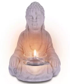 KANTE 6.5 in. H Gray Cement Sitting Buddha Garden Statue Tealight Candle Holder Ornament (2-Pack) -Outdoor Plant Life kante garden statues sx20200178 44 1000