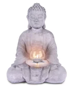 KANTE 14.17 in. H Gray Cement Meditating Buddha Garden Statue Tealight Candle Holder Ornament -Outdoor Plant Life kante garden statues sx20200179 1f 1000