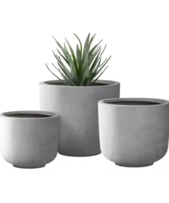 KANTE Round Natural Finish Lightweight Concrete & Fiberglass Weather Resistant Planters with Drainage Holes (Set of 3)