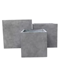 KANTE Set of 3 Lightweight Modern Square Outdoor Planters, 16 in., 12 in. and 10 in. Tall, Natural Concrete