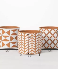 SULLIVANS Geometric Print Terracotta Pot - Set of 3 -Outdoor Plant Life orange and white patterned sullivans plant pots cmt1200 1f 1000
