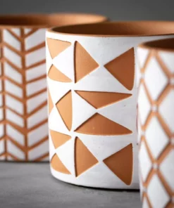 SULLIVANS Geometric Print Terracotta Pot - Set of 3 -Outdoor Plant Life orange and white patterned sullivans plant pots cmt1200 c3 1000