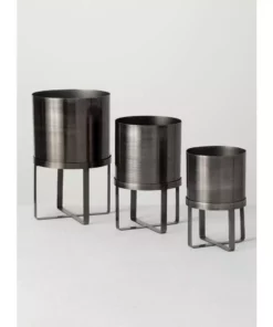 SULLIVANS Pewter Metal Planter With Stand (Set of 3) 9 SULLIVANS Pewter Metal Planter With Stand (Set of 3) -Outdoor Plant Life pewter sullivans plant pots met1627 1f 1000