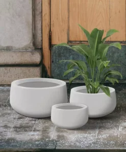 KANTE 19.6 in., 15.7 in. & 11.8 in. W Round Pure White Concrete Elegant Planters Set of 3, Outdoor Indoor w/Drainage Holes -Outdoor Plant Life pure white kante plant pots rc0051abc c80011 44 1000