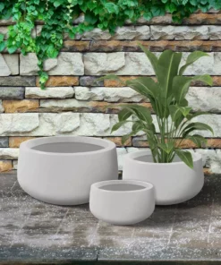 KANTE 19.6 in., 15.7 in. & 11.8 in. W Round Pure White Concrete Elegant Planters Set of 3, Outdoor Indoor w/Drainage Holes -Outdoor Plant Life pure white kante plant pots rc0051abc c80011 76 1000