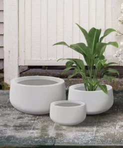 KANTE 19.6 in., 15.7 in. & 11.8 in. W Round Pure White Concrete Elegant Planters Set of 3, Outdoor Indoor w/Drainage Holes -Outdoor Plant Life pure white kante plant pots rc0051abc c80011 fa 1000