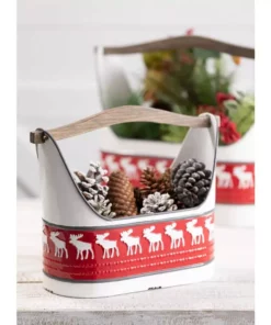SULLIVANS Red and White Reindeer Metal Trugs with Wood Handles (Set of 2) -Outdoor Plant Life red sullivans plant pots met1740 4f 1000