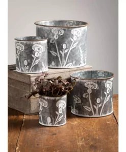 SULLIVANS Silver Metal Flower Patterned Planter (Set of 4) -Outdoor Plant Life silver sullivans plant pots met1702 1f 1000