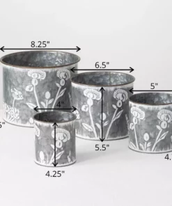SULLIVANS Silver Metal Flower Patterned Planter (Set of 4) -Outdoor Plant Life silver sullivans plant pots met1702 4f 1000