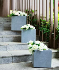 KANTE 16 in. x 12 in. and 10 in. W Square Slate Gray Concrete/Fiberglass Indoor Outdoor Elegant Planters -Outdoor Plant Life slate gray kante plant pots osf0001abc c60611 4f 1000