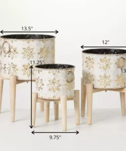 SULLIVANS White and Gold Flower Burst Metal Planter on Stand (Set of 3) -Outdoor Plant Life white and gold patterned sullivans plant pots met1880 1f 1000