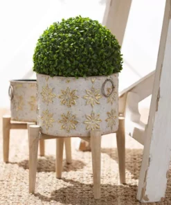 SULLIVANS White and Gold Flower Burst Metal Planter on Stand (Set of 3) -Outdoor Plant Life white and gold patterned sullivans plant pots met1880 4f 1000