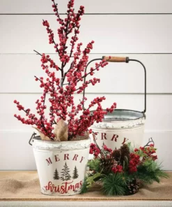 SULLIVANS White Merry Christmas Metal Bucket (Set of 2) -Outdoor Plant Life white sullivans plant pots met1756 4f 1000