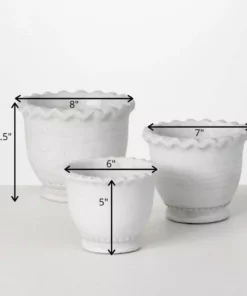 SULLIVANS Whitewashed Scalloped Edge Cement Pot - Set of 3 -Outdoor Plant Life whitewashed sullivans plant pots cmt1211 1f 1000