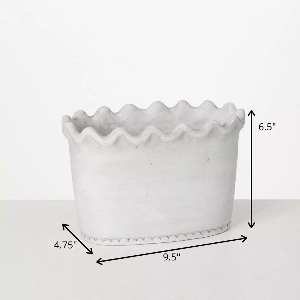 SULLIVANS White Scalloped Edge Cement Garden Pot 6 SULLIVANS White Scalloped Edge Cement Garden Pot - Image 4