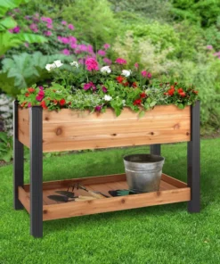 Vigoro 2 ft. x 4 ft. Elevated Cedar Garden Bed with Shelf (Vinyl Legs) -Outdoor Plant Life wood vigoro raised planter boxes 445190 c3 1000